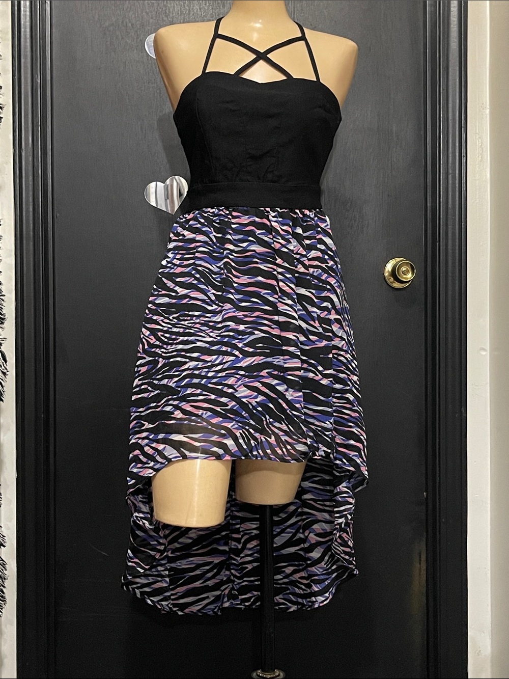 Charlotte Russe Black Strappy High-Low Dress with Purple & Pink Zebra Print (M)